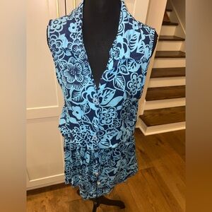 Roxanne **SET** Med/Large 2 Tone Blue Floral Button Front Top & Pants Set